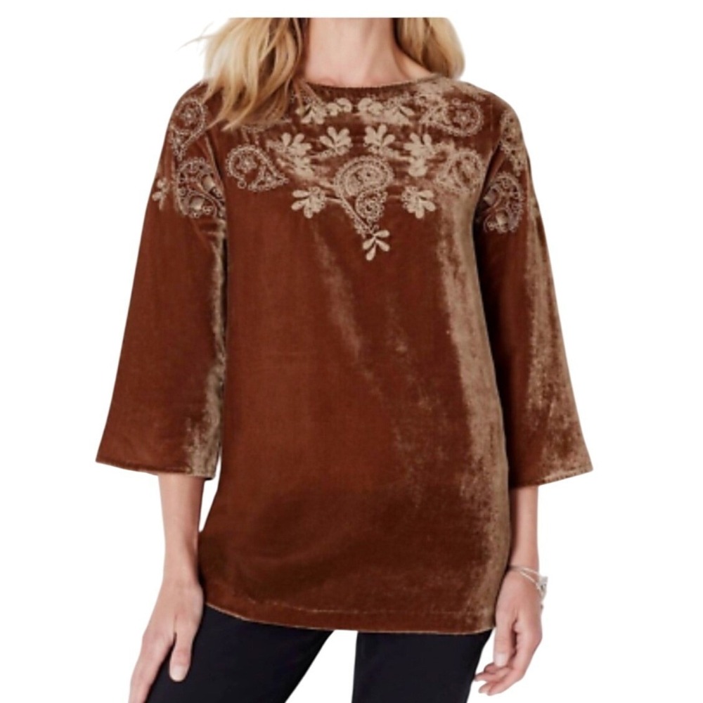 J.Jill sz LARGE Crushed Velvet Luxury‎ Embroidered Paisley  Tunic Top